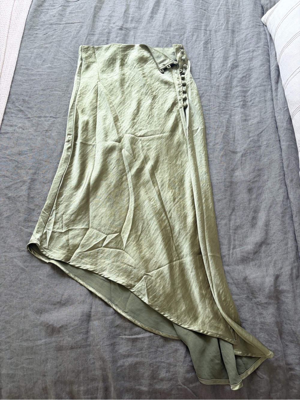 Asymmetrical Light Olive Green Midi Skirt with Side Button Detail